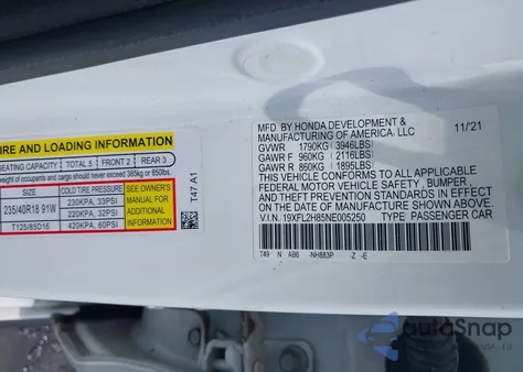 2022 Honda Civic Sport из США, поврежденный, VIN 19XFL2H85NE005250